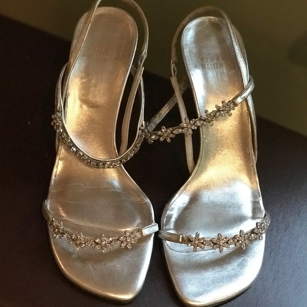 Stuart Weitzman Metallic Silver Crystal Floral Slingback Heels